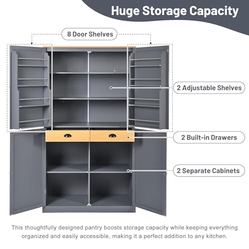 77 inch Kitchen Pantry, Freestanding Tall Cupboard with Shelves and Drawers I3176
