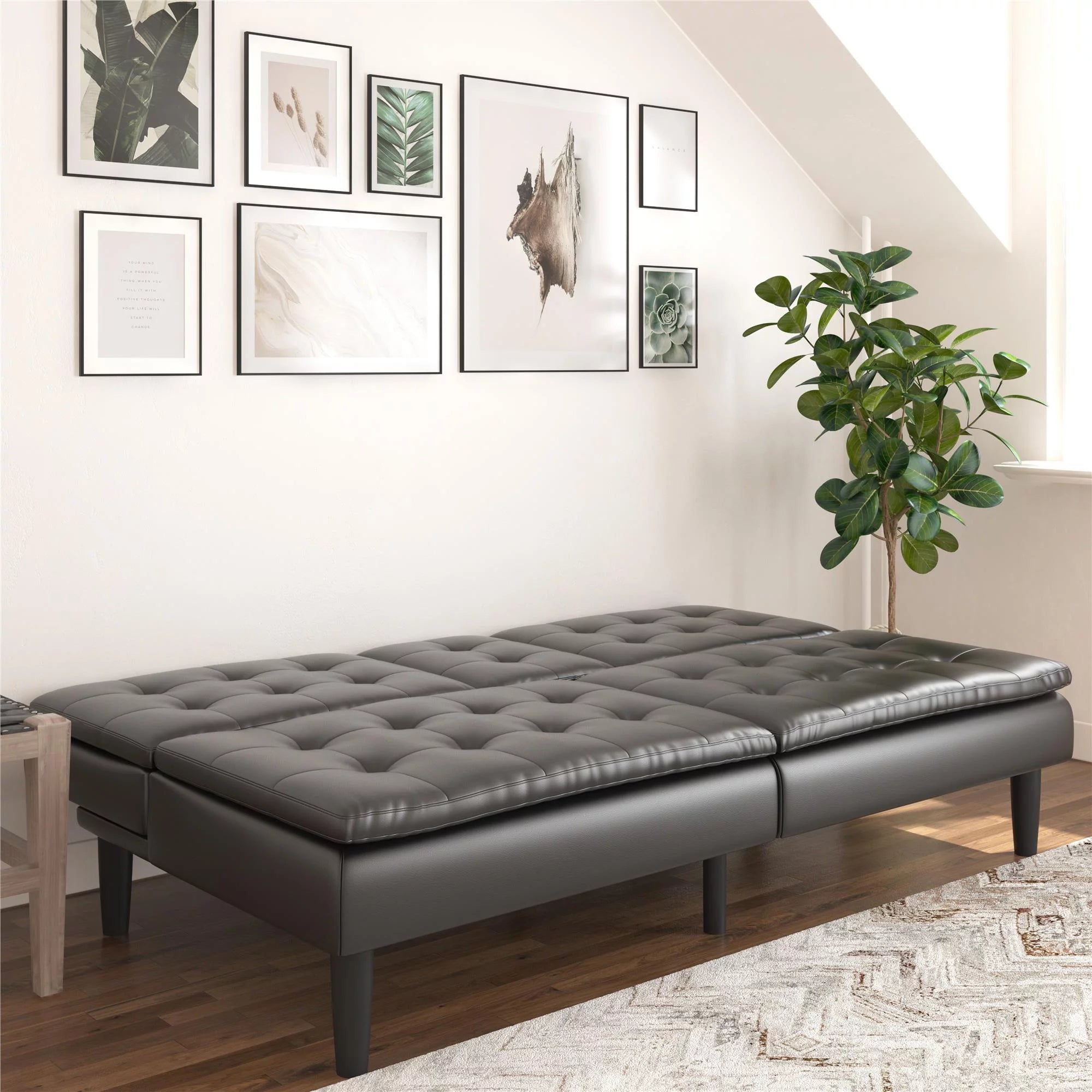 Memory Foam Futon with Cupholder and USB, Black Faux Leather P11538