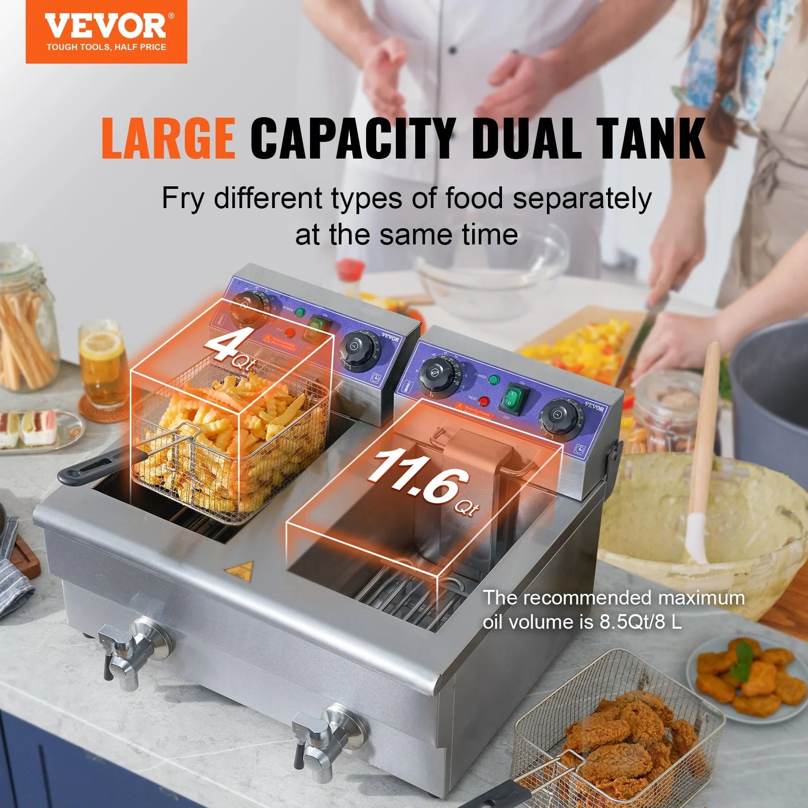 Commercial Electric Deep Fryer, Dual Tanks 3000W Countertop F7184