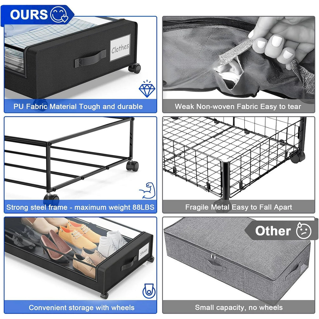 Under Bed Storage Containers with Wheels and Clear Lids, 60L, Black F9468