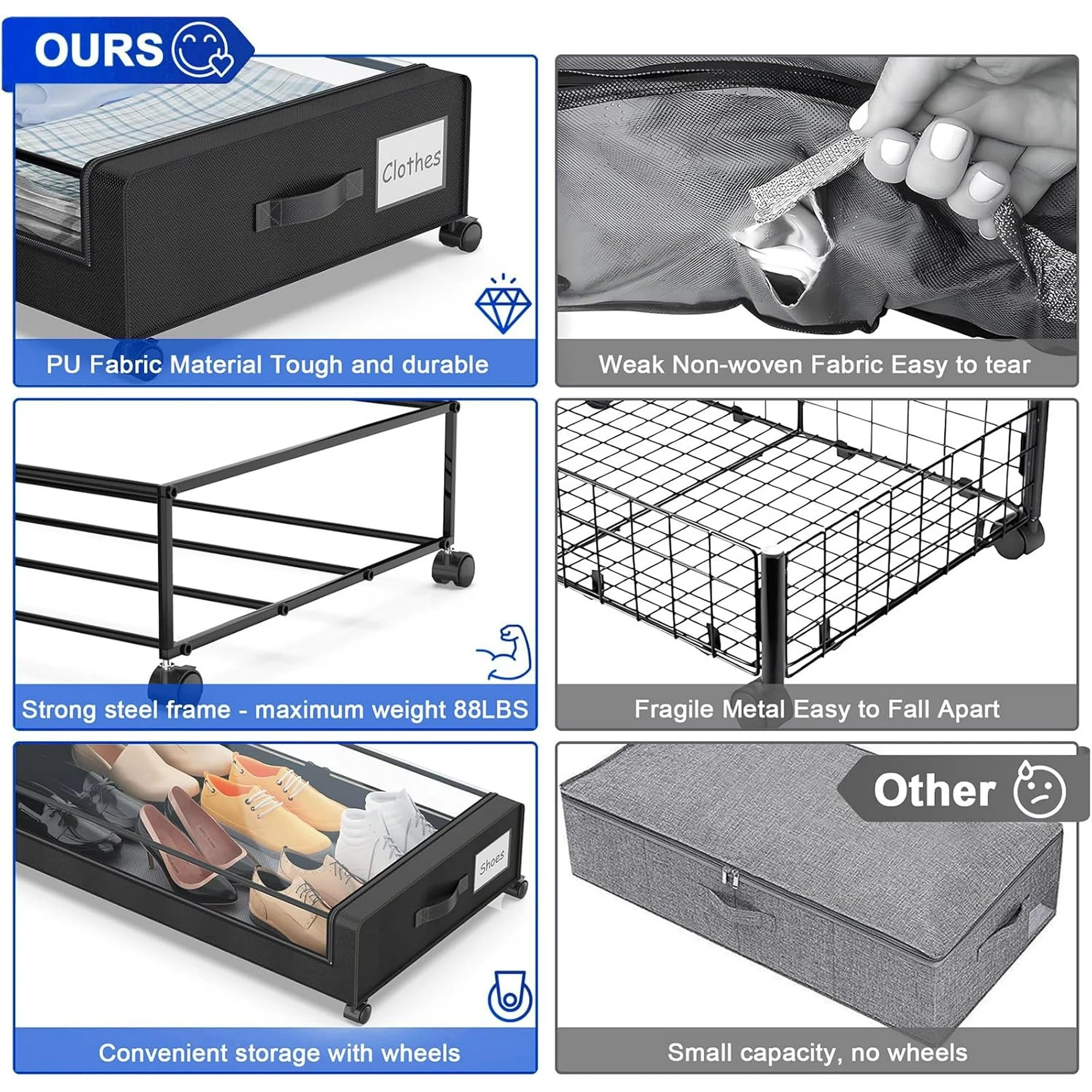 Under Bed Storage Containers with Wheels and Clear Lids, 60L, Black F9468