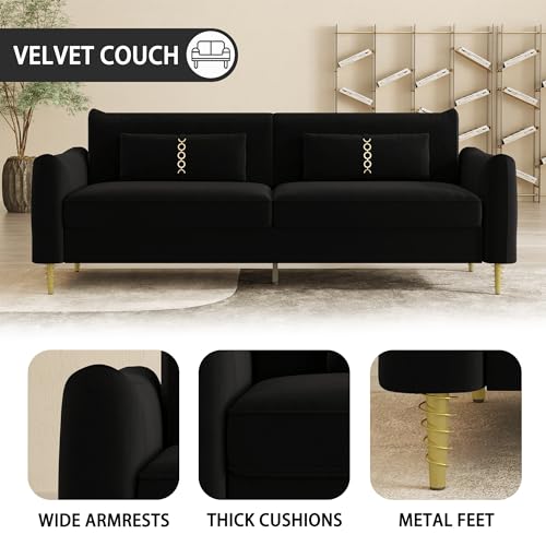 3-Seat Velvet Couch with Solid Wood Frame and Pillows B481145