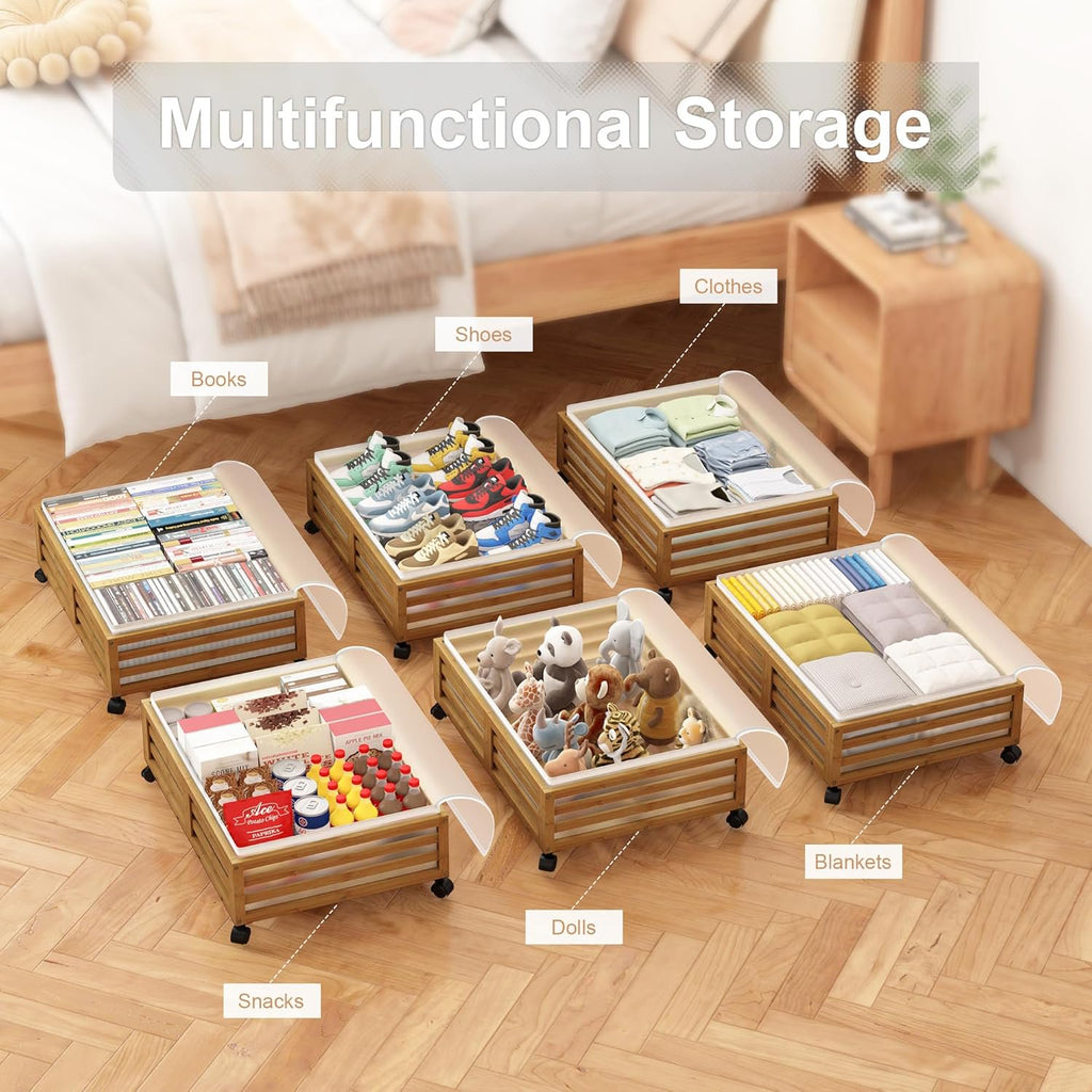 Under Bed Storage Containers with Wheels, Bamboo Wood, 2 Pack A2655
