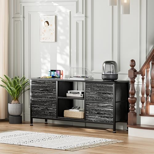 TV Stand with 4 Fabric Drawers and Open Shelves for 50" TV, Black Wood Veins F648