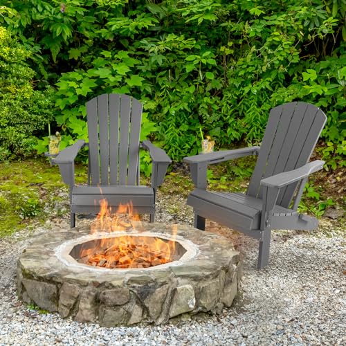 Folding Adirondack Chairs Set of 2, Weather Resistant with Cup Holder V625229