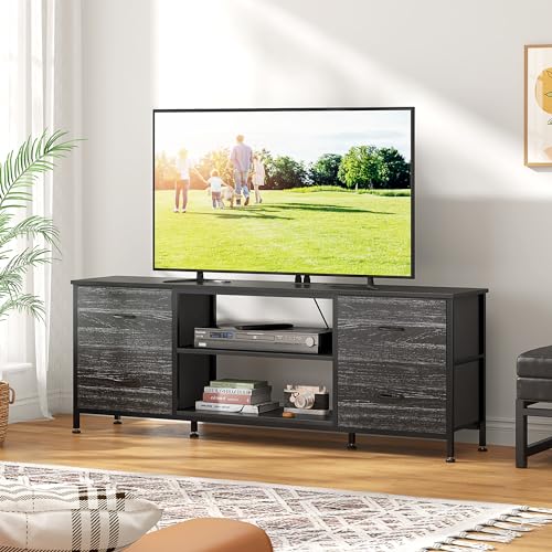 TV Stand with 4 Fabric Drawers and Open Shelves for 50" TV, Black Wood Veins F648