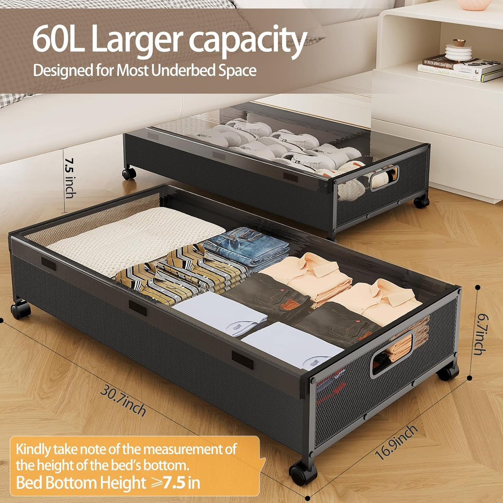 Under Bed Storage with Wheels, 2 Pack Rolling Metal Drawer for Clothes Q5272