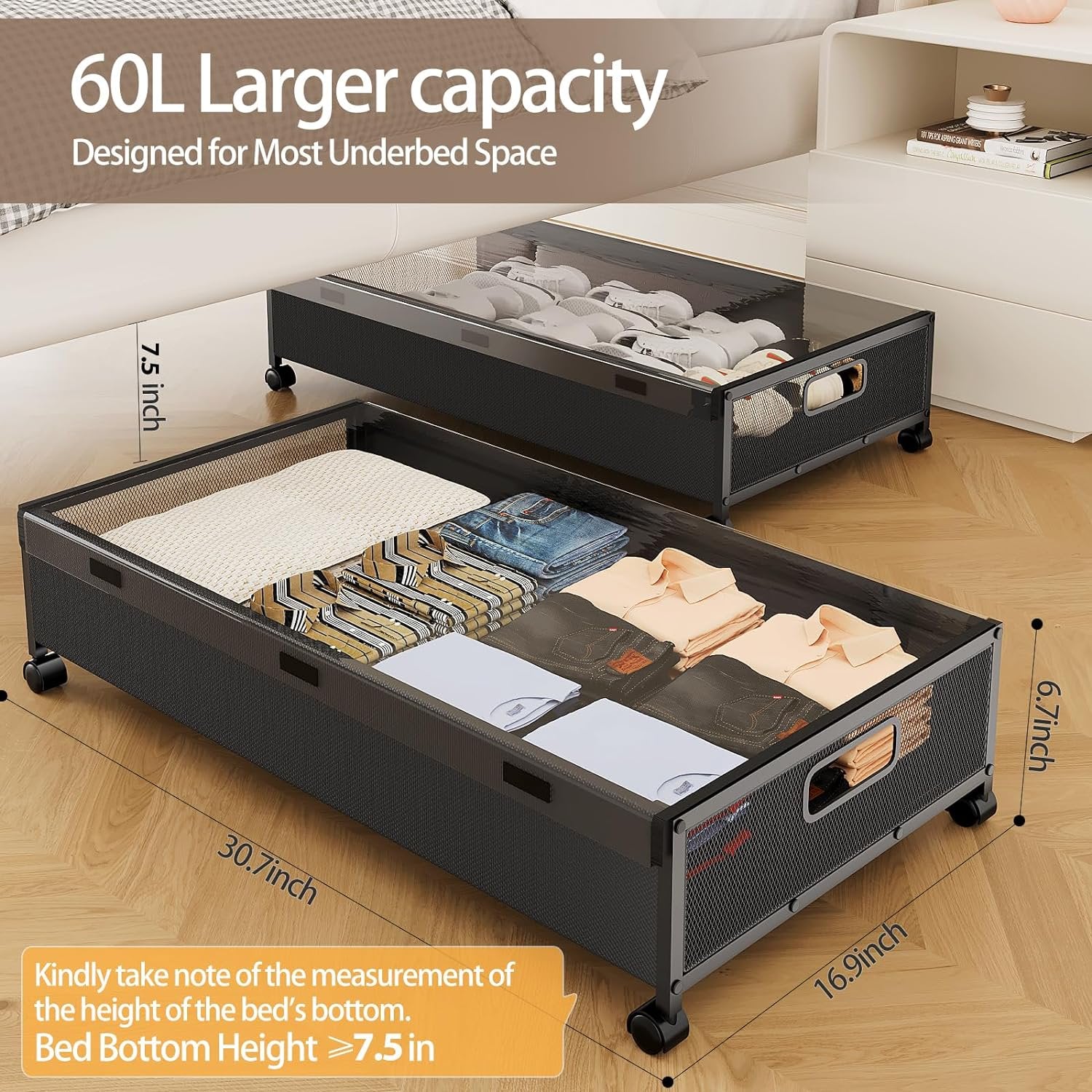 Under Bed Storage with Wheels, 2 Pack Rolling Metal Drawer for Clothes Q5272