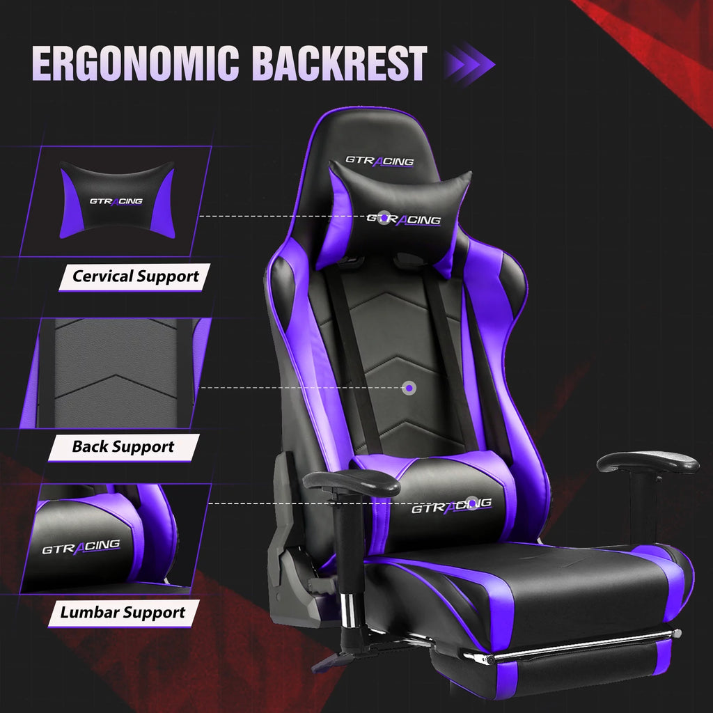Gaming Chair with Footrest, PU Leather, Adjustable Headrest, Purple U7287