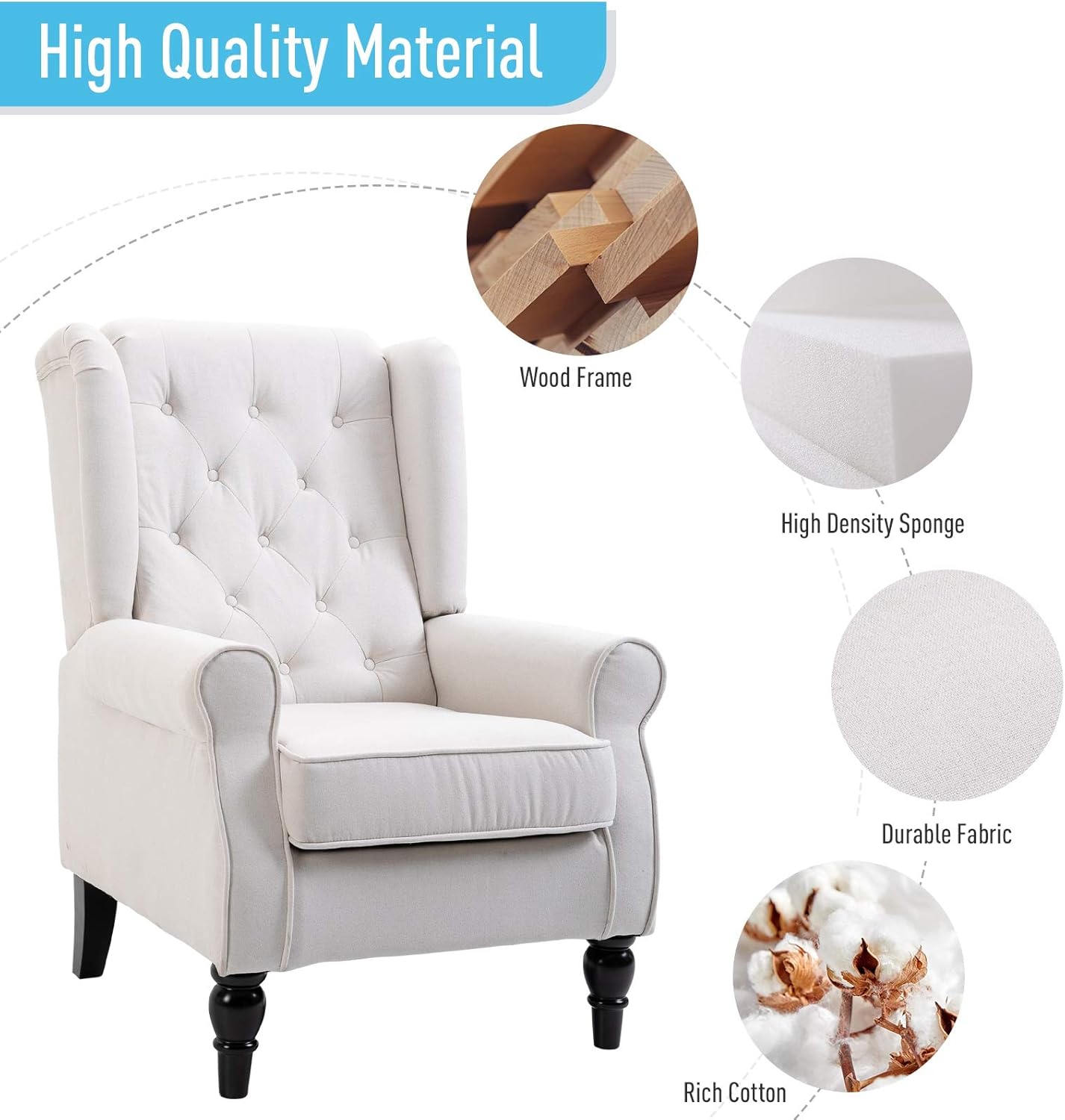 Button-Tufted Accent Chair with High Wingback, Set of 2, Cream White T737