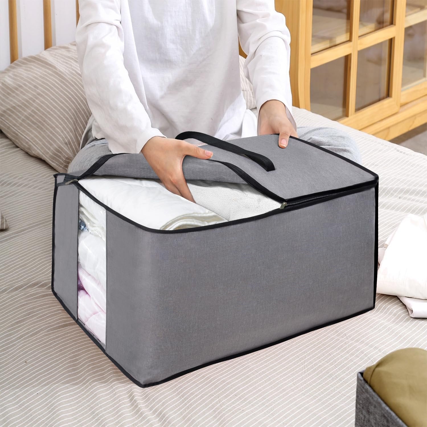 Storage Bag for Bedding, Blankets and Clothes, Foldable Organizer, Grey G88134