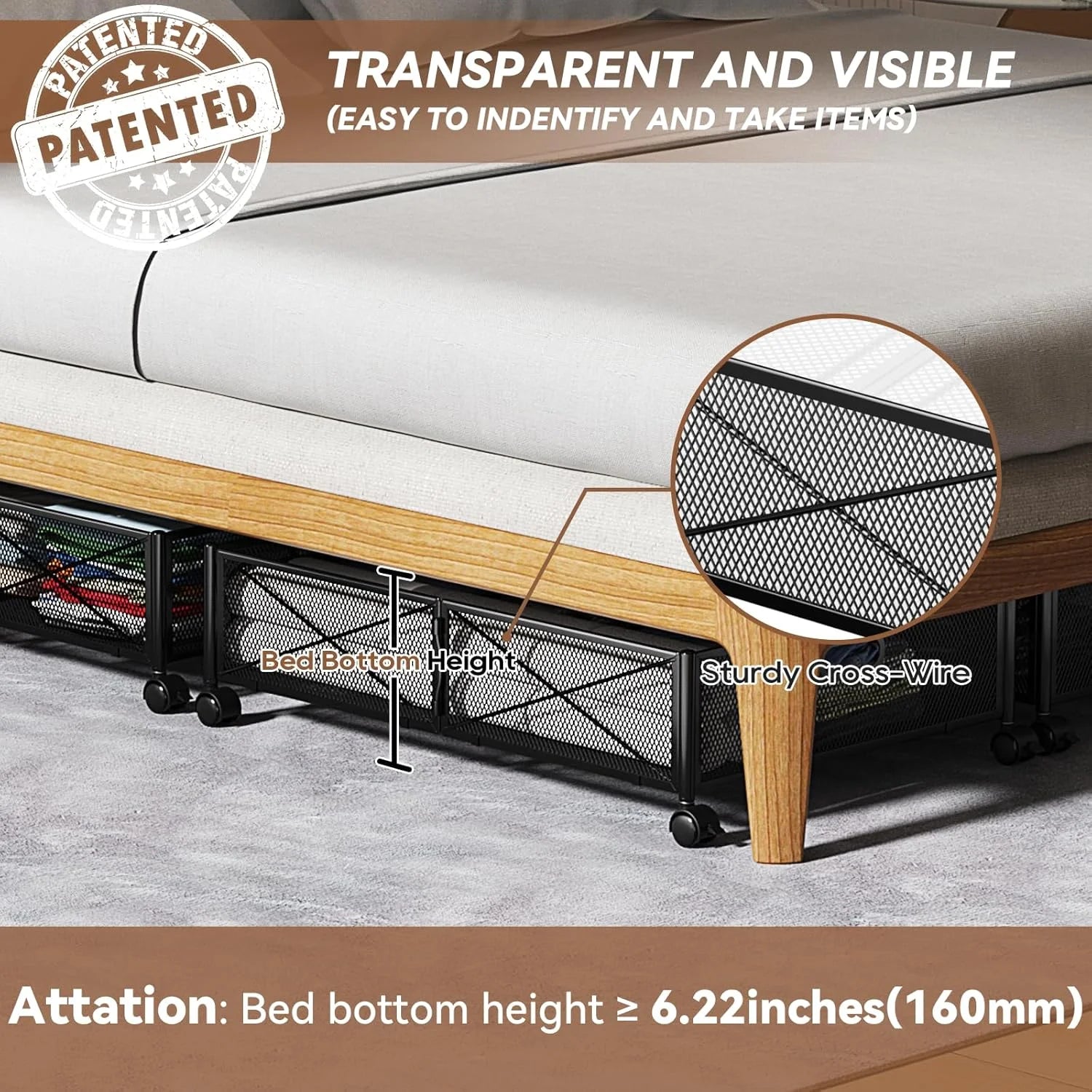 Under Bed Storage Containers with Wheels, Shoe Organizer Drawer, Metal Storage for Clothes Shoes Blankets N2817