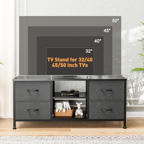 TV Stand with 4 Fabric Drawers and Open Shelves for 50" TV, Black Wood Veins F648