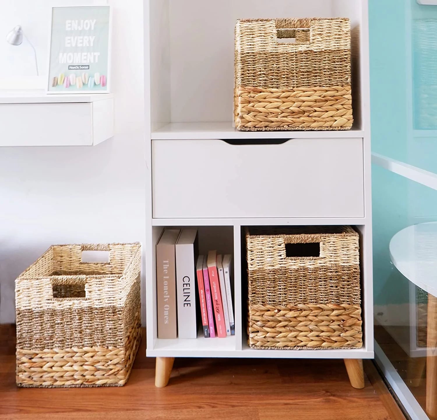 Natural Wicker Storage Cubes, 12x12 Bins, Set of 4 Heavy Duty Hyacinth Baskets for Shelf, Foldable Square Baskets E946733
