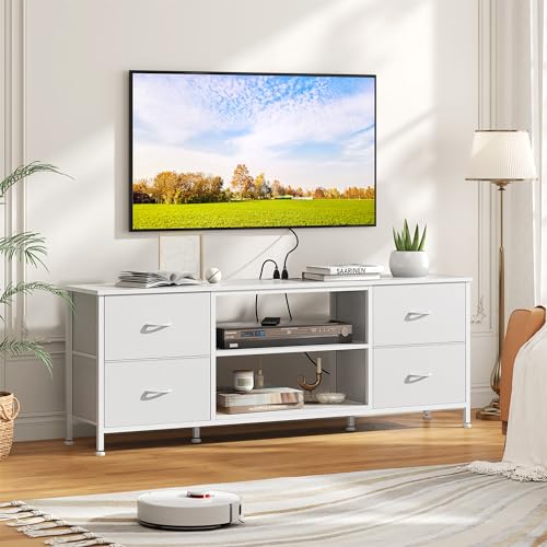TV Stand with 4 Fabric Drawers and Open Shelves for 50" TV, Black Wood Veins F648