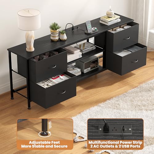 TV Stand with 4 Fabric Drawers and Open Shelves for 50" TV, Black Wood Veins F648