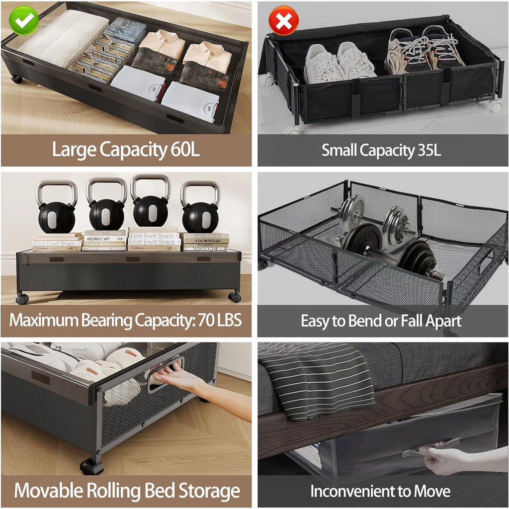 Under Bed Storage with Wheels, 2 Pack Rolling Metal Drawer for Clothes Q5272