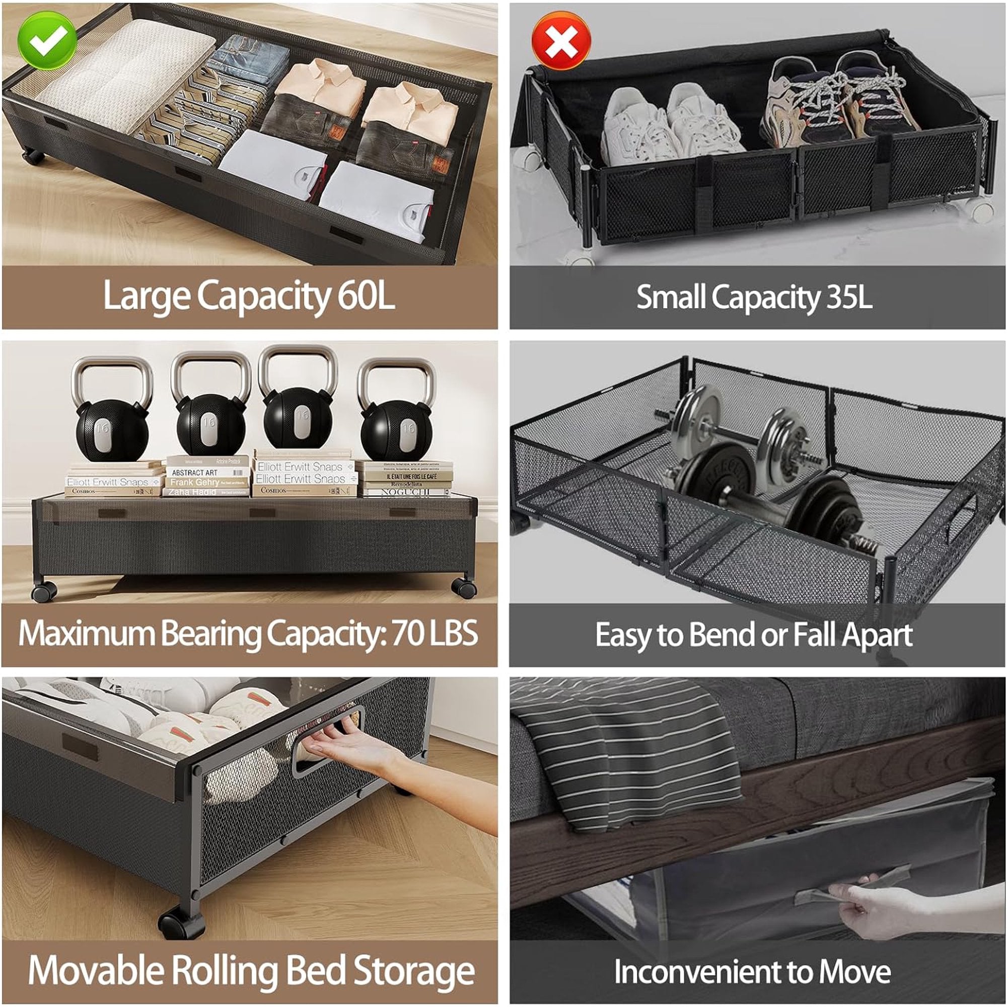 Under Bed Storage with Wheels, 2 Pack Rolling Metal Drawer for Clothes Q5272