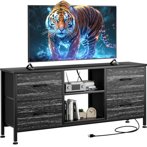 TV Stand with 4 Fabric Drawers and Open Shelves for 50" TV, Black Wood Veins F648