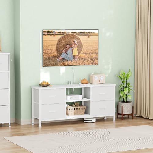 TV Stand with 4 Fabric Drawers and Open Shelves for 50" TV, Black Wood Veins F648
