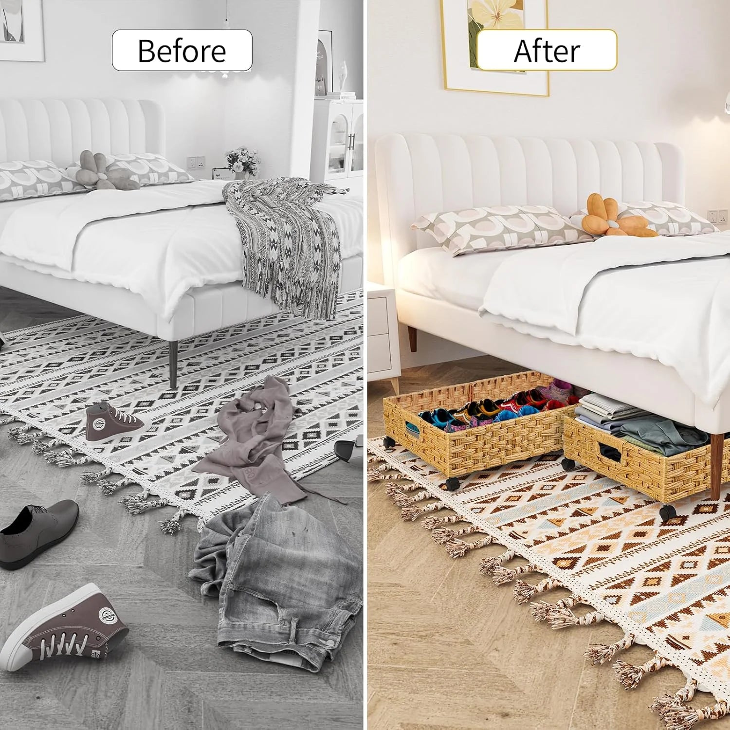Under Bed Storage Containers with Wheels, 2 Pack, Rattan Organizer Drawer B13974