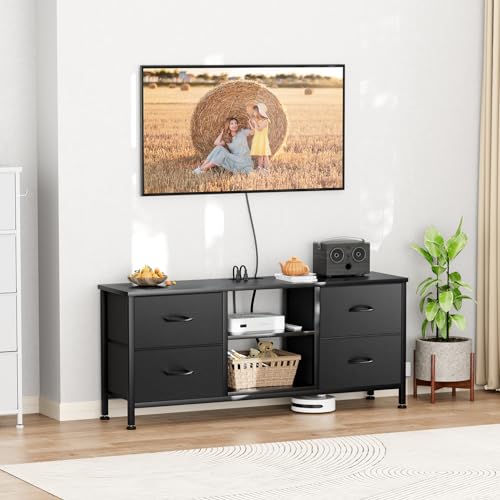 TV Stand with 4 Fabric Drawers and Open Shelves for 50" TV, Black Wood Veins F648