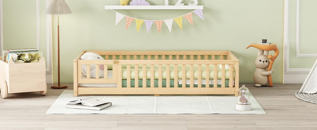 Twin Size Montessori Floor Bed with Door and Fence for Kids, Easy Assembly, Natural S369