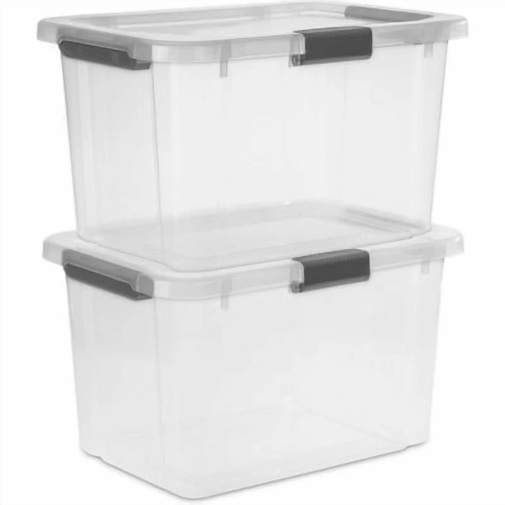 Plastic Storage Tote with Hinged Lid and Handles, Stackable C77941