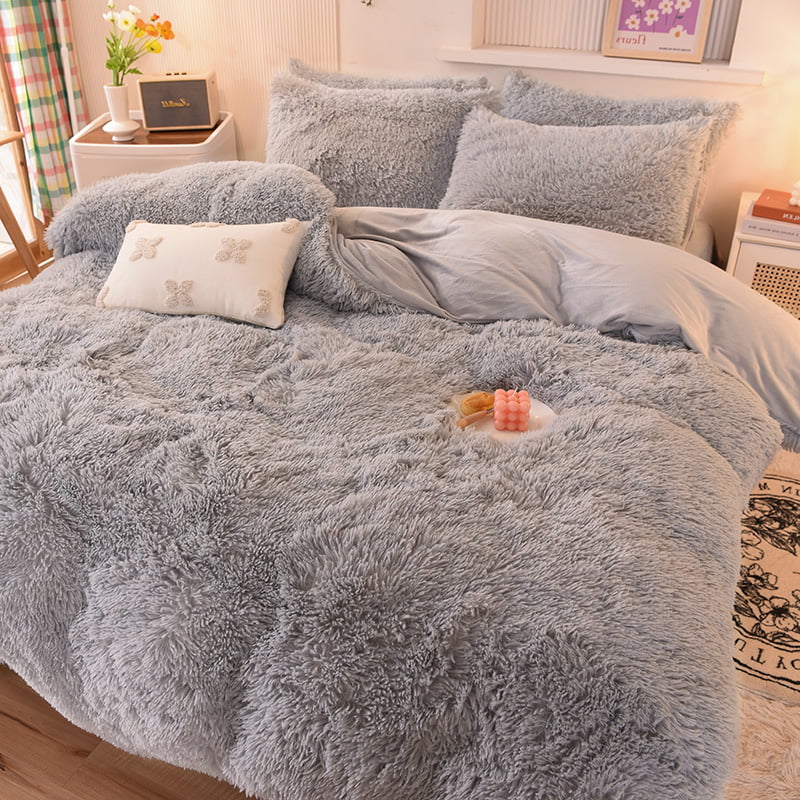 Shaggy Faux Fur Duvet Cover Set with 2 Pillowcases, Full Size E3167