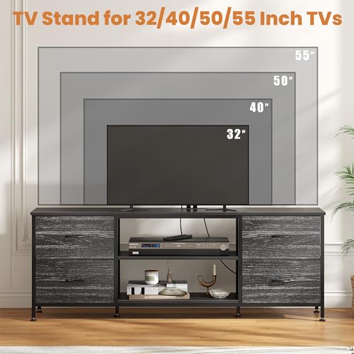 TV Stand with 4 Fabric Drawers and Open Shelves for 50" TV, Black Wood Veins F648