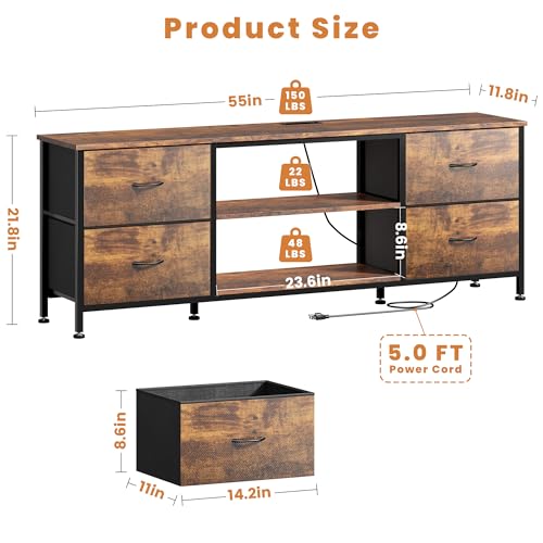 TV Stand with 4 Fabric Drawers and Open Shelves for 50" TV, Black Wood Veins F648