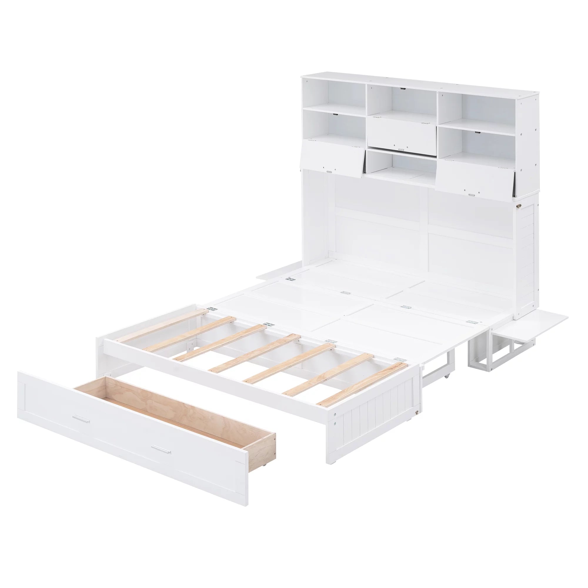 Queen Size Murphy Bed with Bookcase and Drawer, White F2789