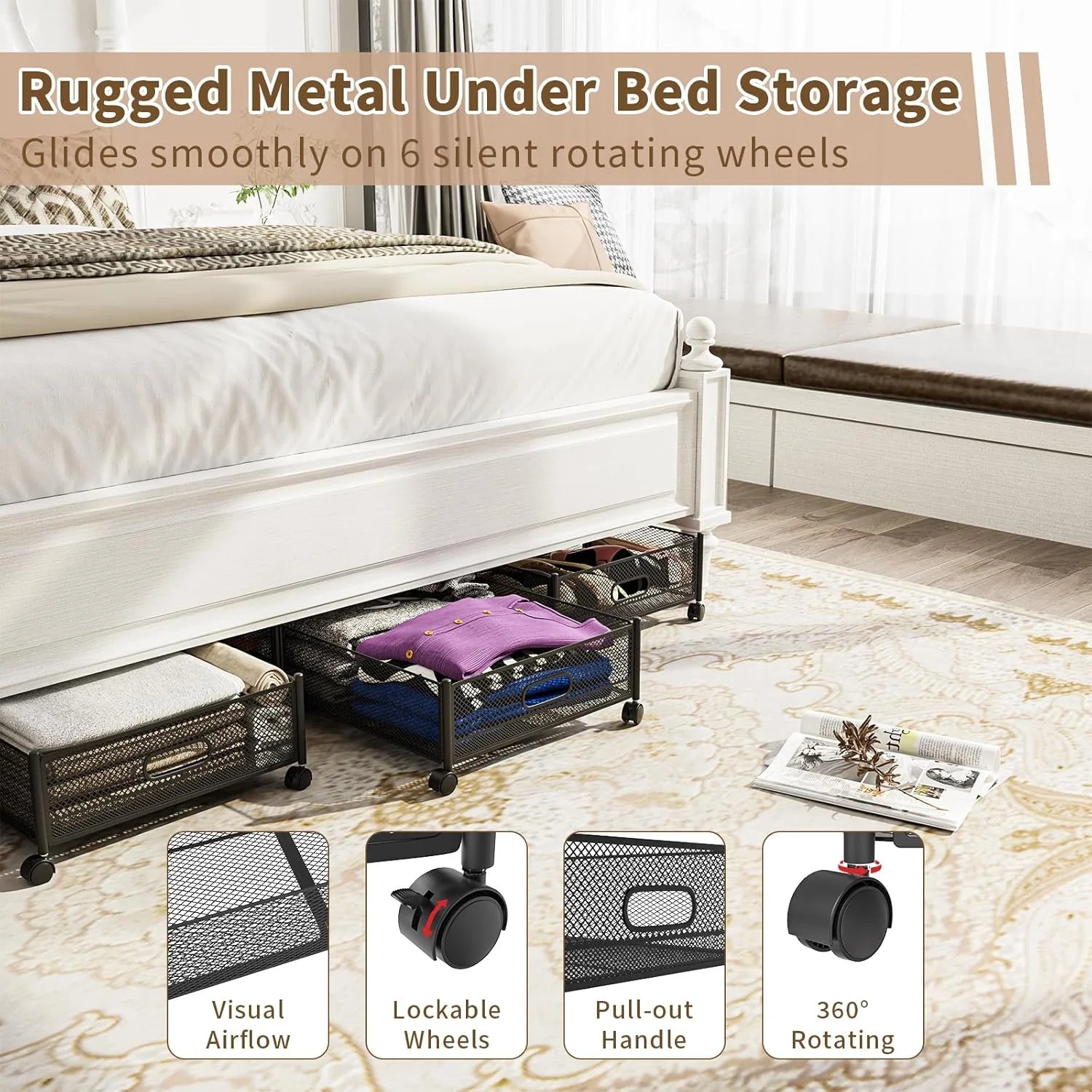 Under Bed Storage on Wheels, Large Capacity Rolling Containers, Foldable Drawers G826102