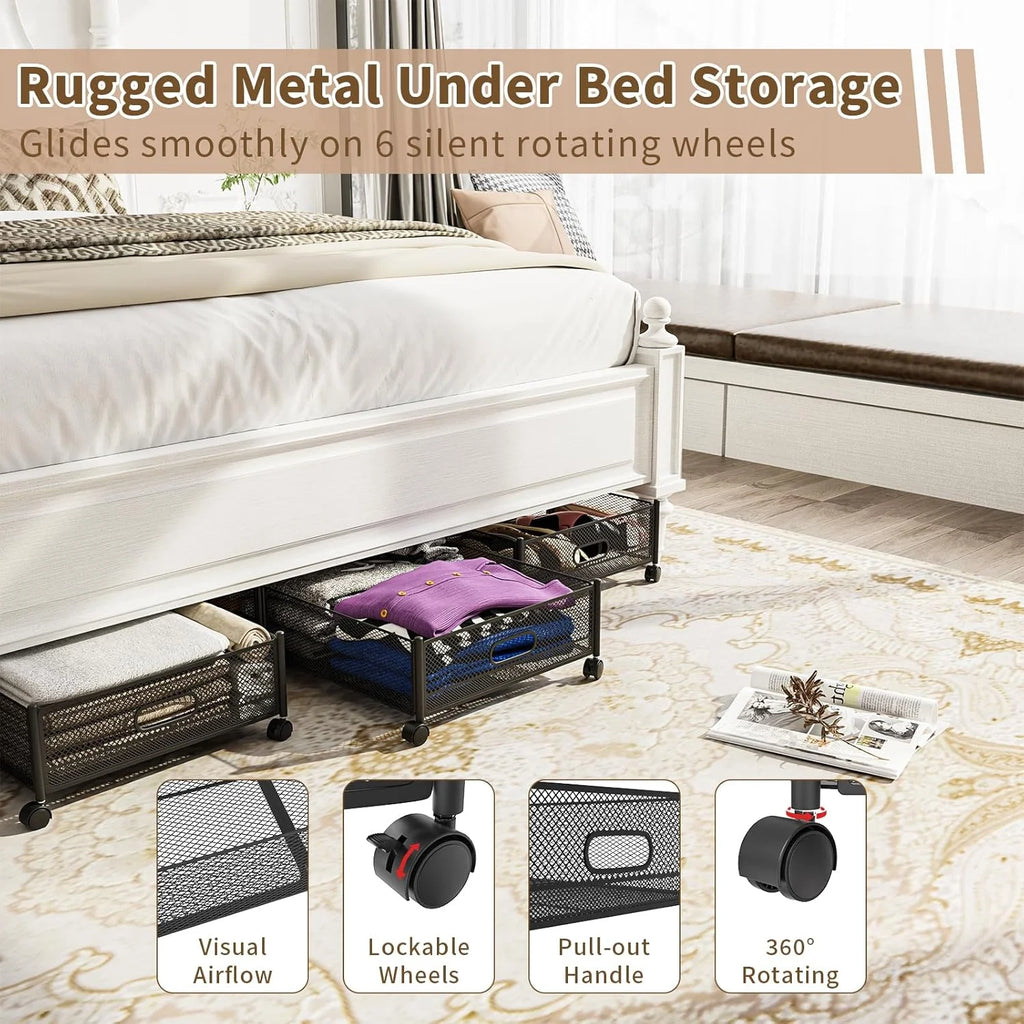 Under Bed Storage on Wheels, Large Capacity Rolling Containers, Foldable Drawers V2641
