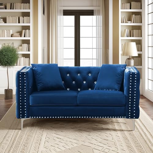 Velvet Loveseat Sofa for Living Room, 59 Inch Modern Upholstered with Pillows, Black A995
