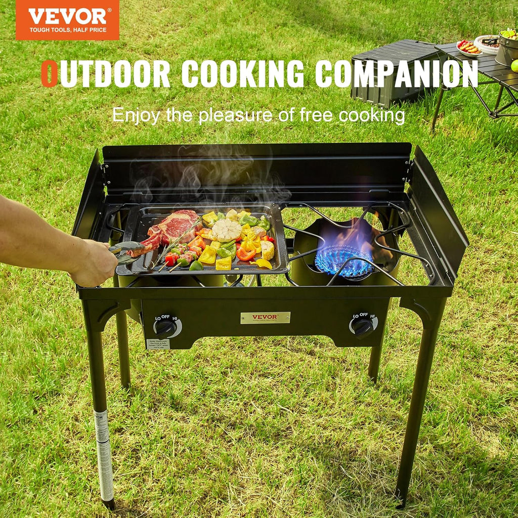 Outdoor Propane Burner, 2 Burner Stove with Windscreen, Heavy Duty Gas Cooker with Detachable Legs Stand K541773