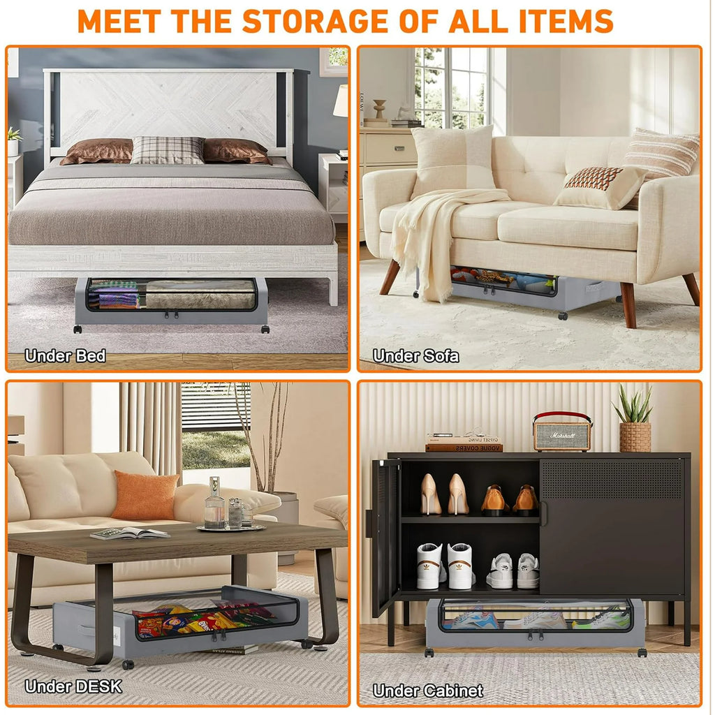 Under Bed Storage Containers with Wheels and Clear Lids, 60L, Gray J9914
