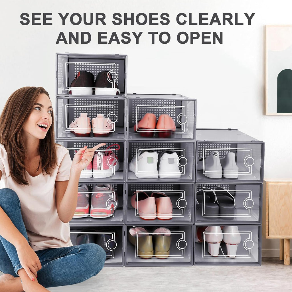 Clear Plastic Stackable Shoe Storage Boxes with Lids, 12 Pack V72168
