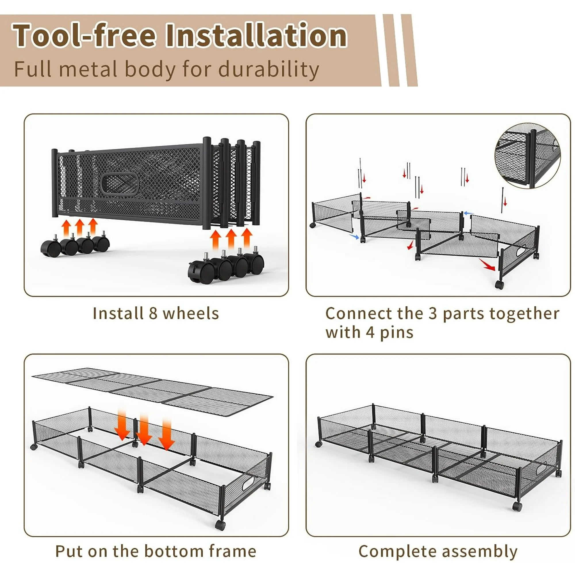 Under Bed Storage on Wheels, Large Capacity Rolling Containers, Foldable Drawers V2641