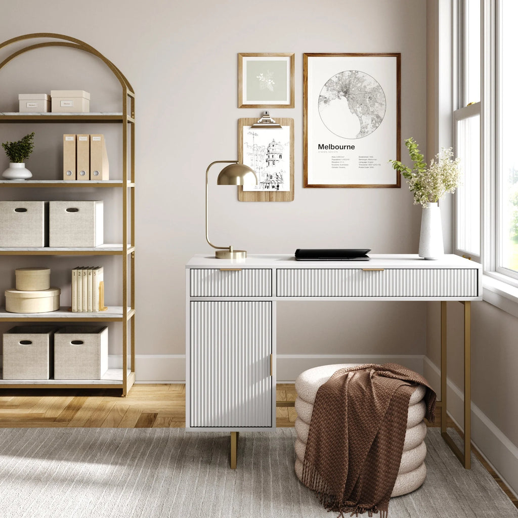 Modern White Computer Desk with Drawers and Cabinet Storage U195269