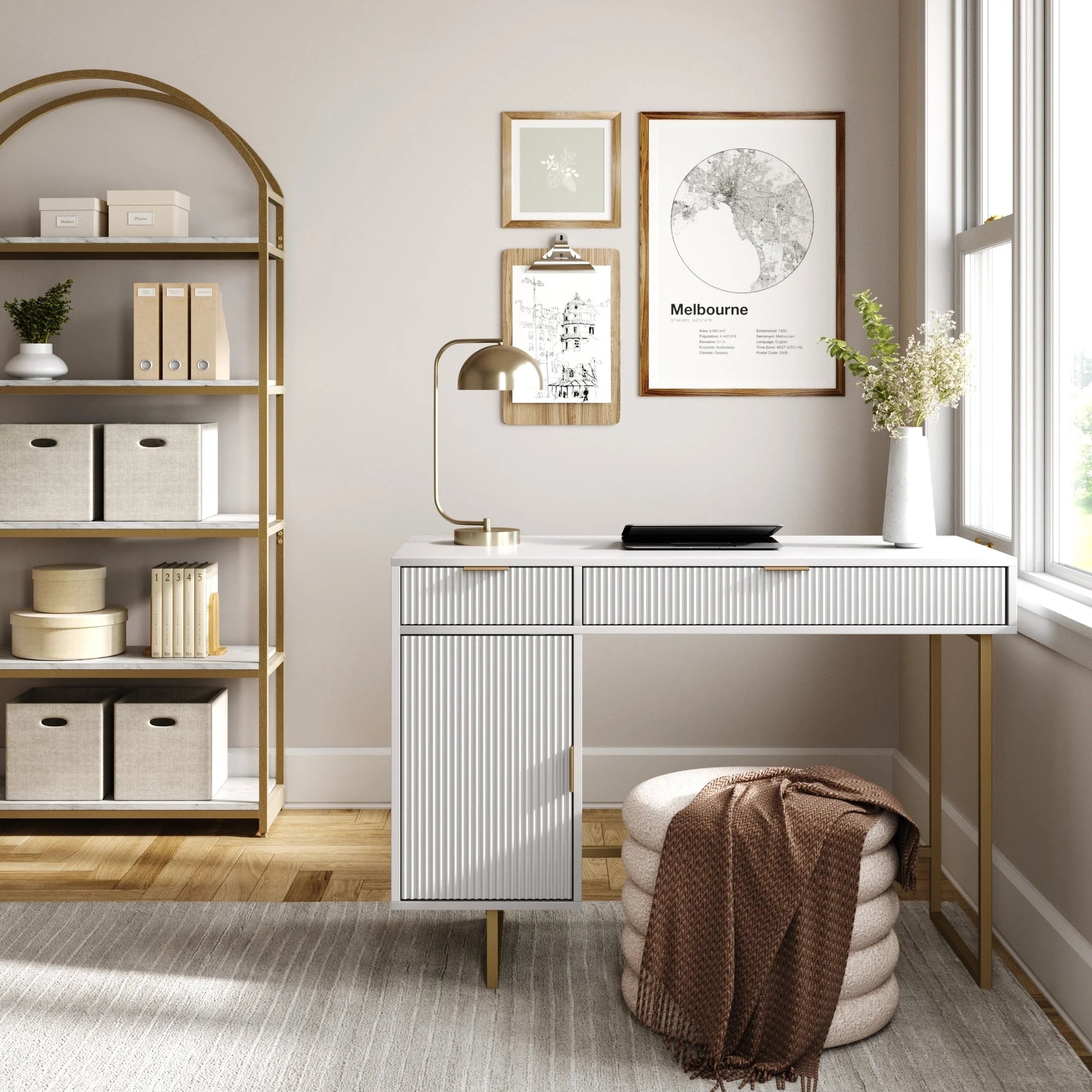 Modern White Computer Desk with Drawers and Cabinet Storage U195269