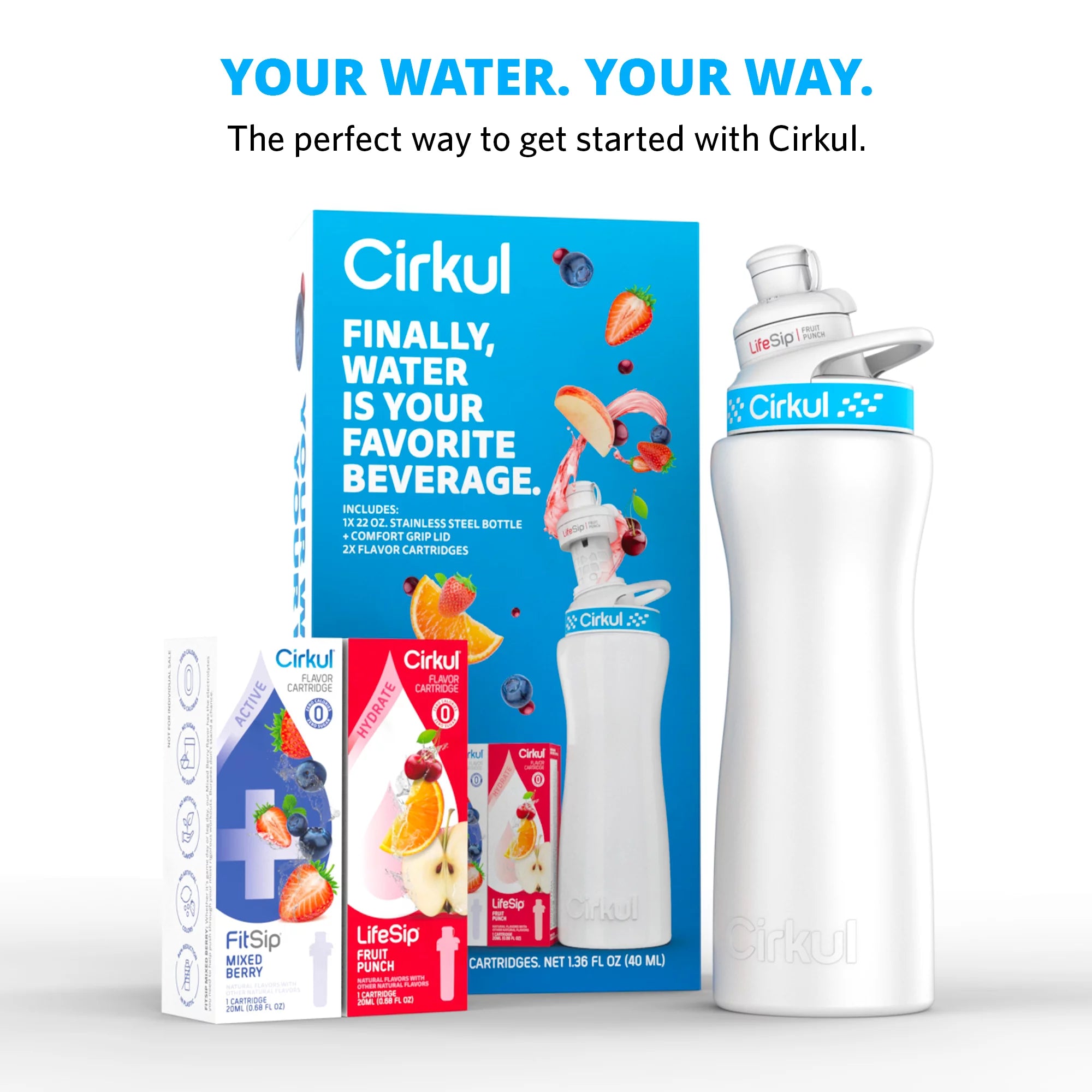 22oz Stainless Steel Water Bottle Starter Kit with 2 Flavor Cartridges W741849