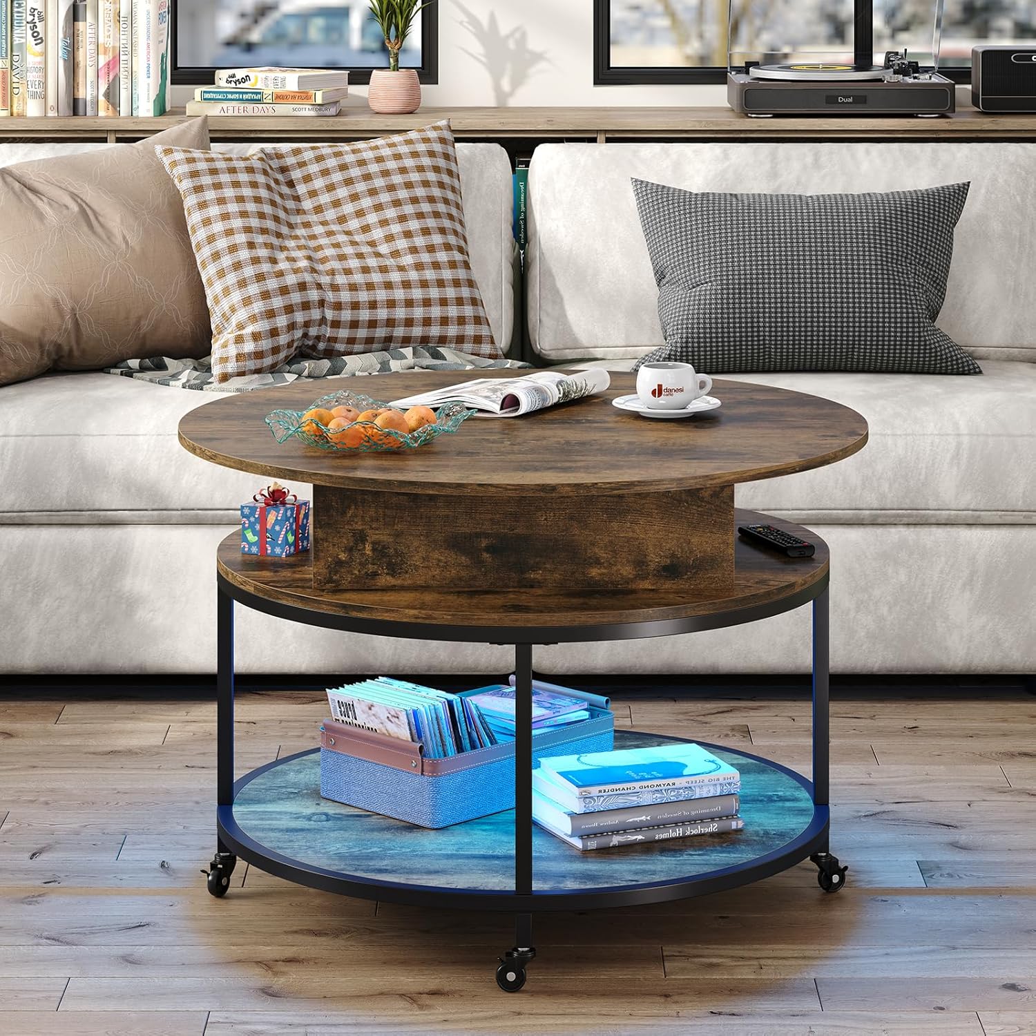 Round Lift Top Coffee Table with 2-Tier Storage and Wheels E803