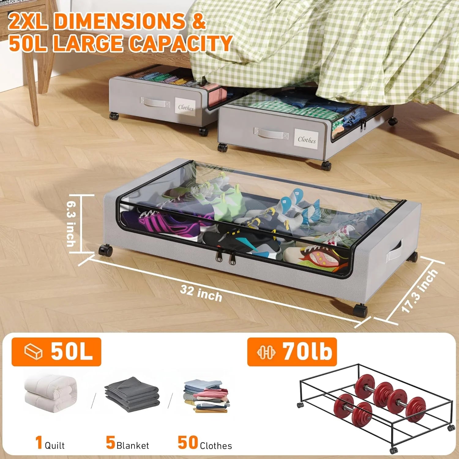 Under Bed Storage Containers with Wheels and Clear Lids, 60L, Gray J9914
