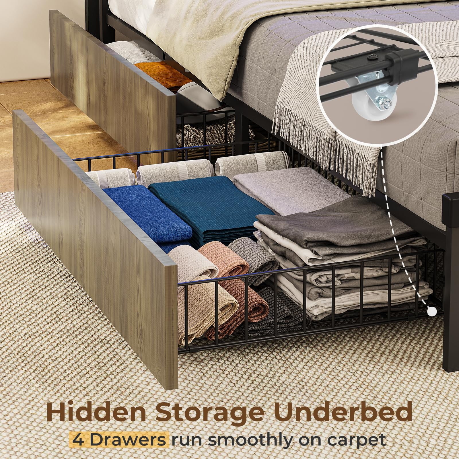 Metal Platform Bed Frame with 4 Storage Drawers and Charging Station, Oak Grey M9441