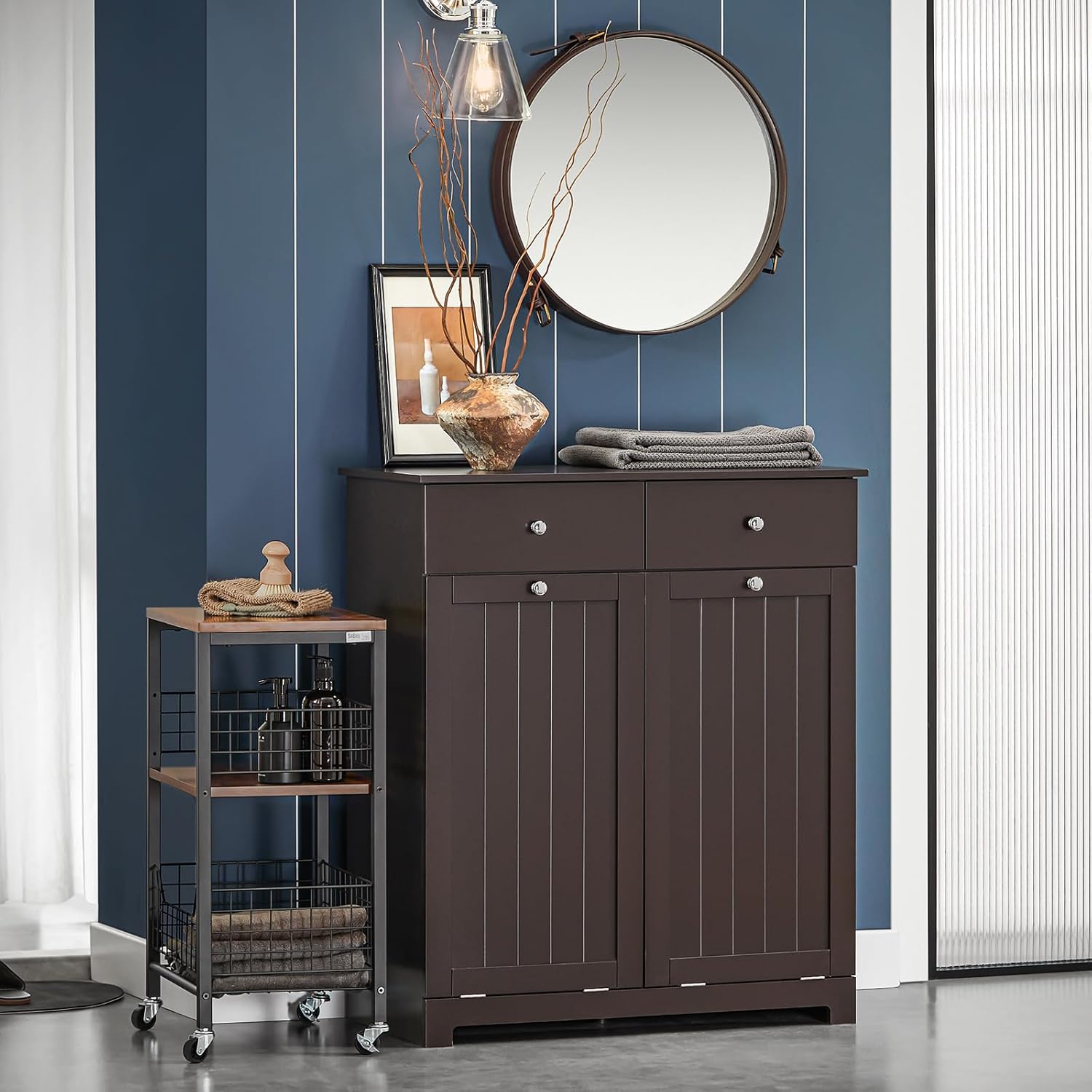 Laundry Hamper Cabinet with 2 Drawers and Wall Cabinet J433