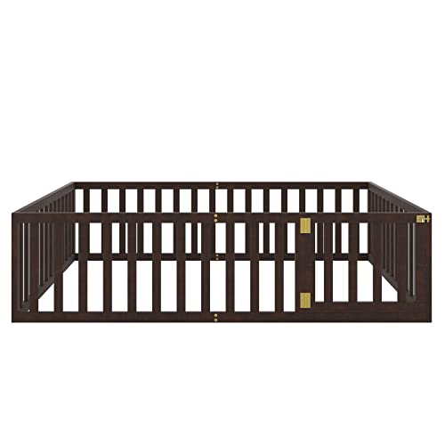Twin Floor Bed Frame with Safety Fence, Solid Wood U412