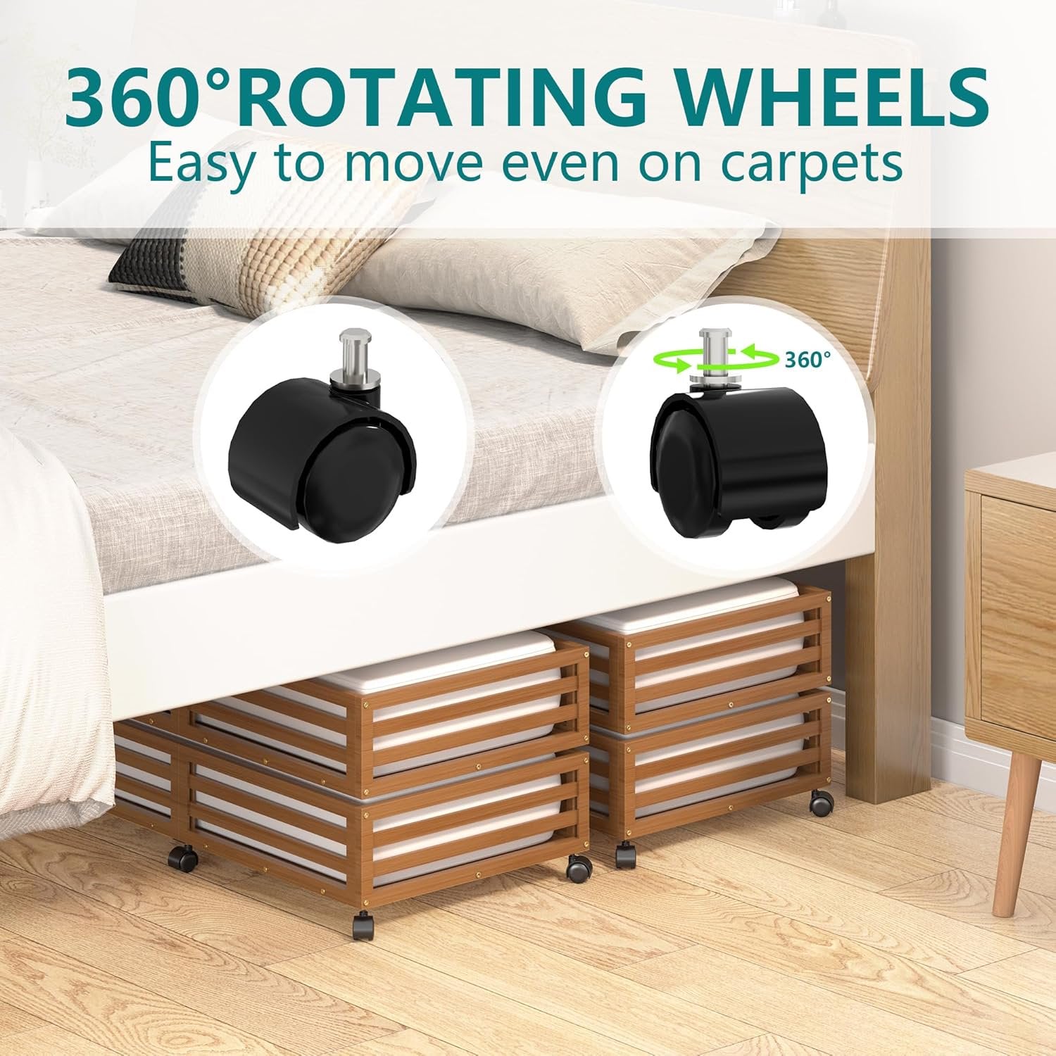 Bamboo Under Bed Storage Containers with Wheels and Dust Bag B86438