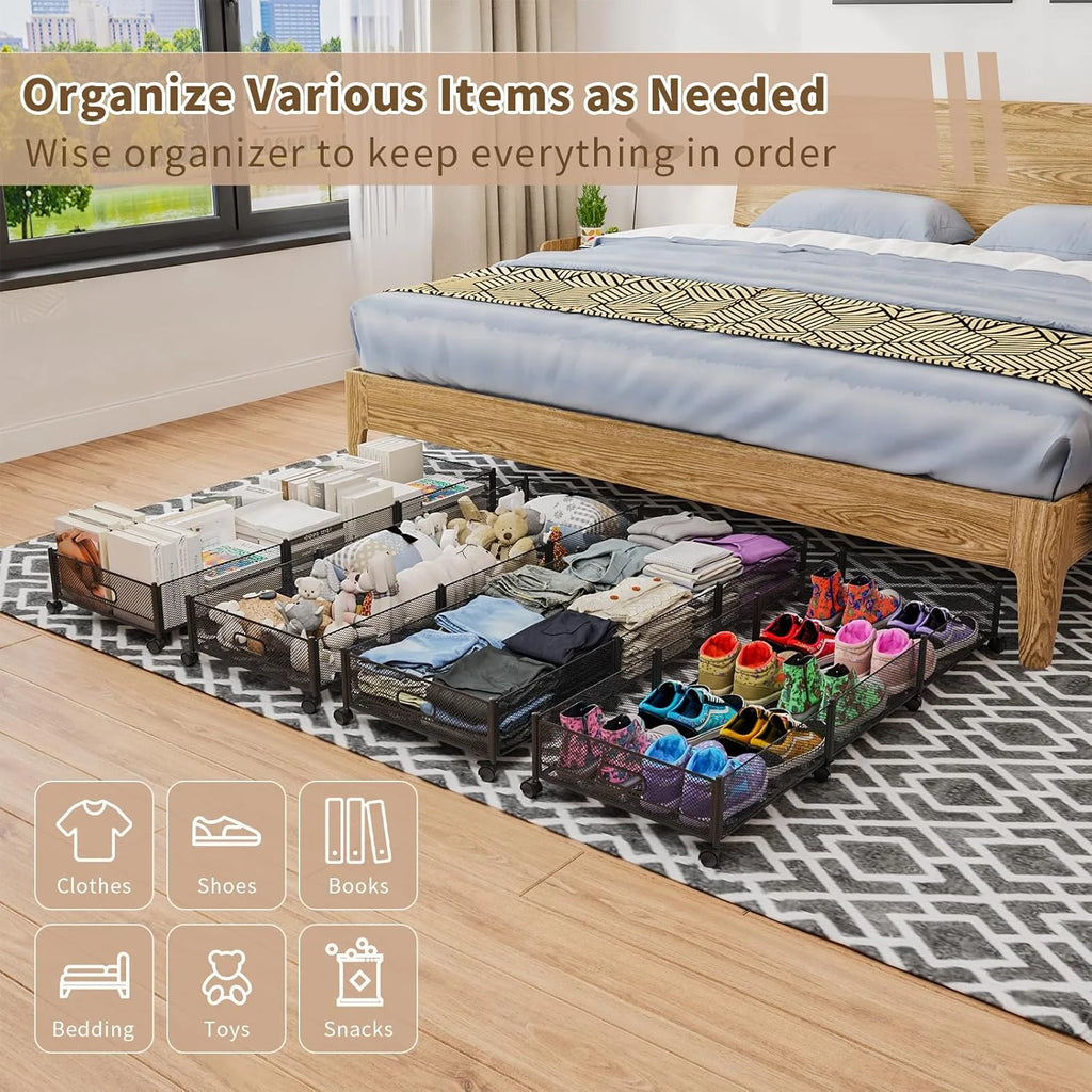 Under Bed Storage on Wheels, Large Capacity Rolling Containers, Foldable Drawers V2641