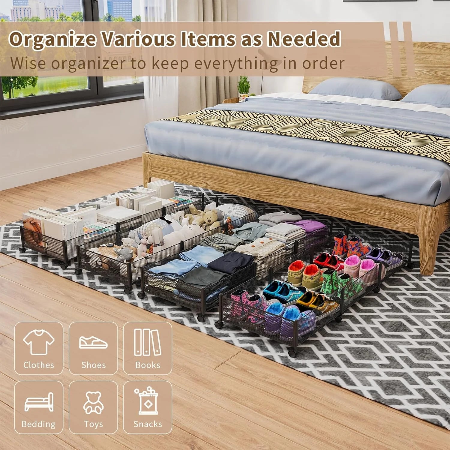 Under Bed Storage on Wheels, Large Capacity Rolling Containers, Foldable Drawers V2641